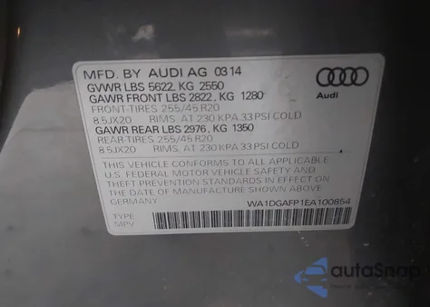 2014 Audi Q5 3.0T Premium Plus from USA, damaged, VIN WA1DGAFP1EA100854